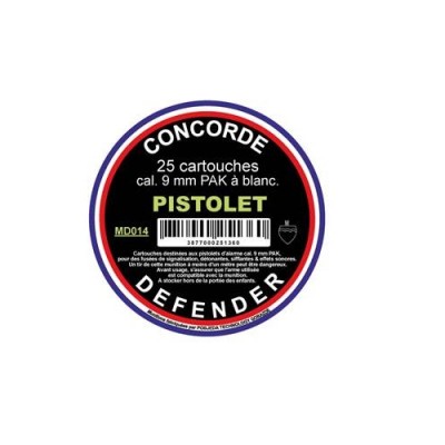CARTUCHOS DEFENDER CONCORDE 25 UNIDADES 9 MM PARA PISTOLAS PAK