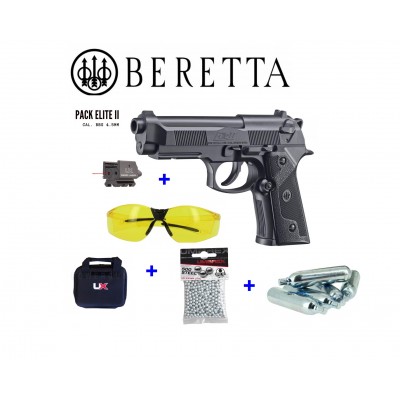 PAQUETE ELITE II CON PISTOLA BERETTA , GAFAS PROTECCION, LASER , 500 BOLAS ACERO, 5 CO2 Y MALETIN TRANSPORTE