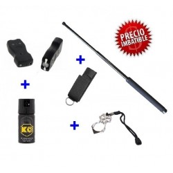 PACK DEFENSA ELECTRICA MOD.102B + BASTON EXTENSIBLE 21" + PUÑO AMERICANO ACERO + SPRAY DEFENSA 40 ML
