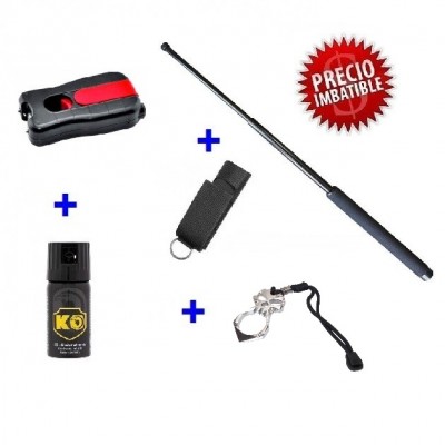 DEFENSA ELECTRICA LINTERNA CON 3600 KV + DEFENSA EXTENSIBLE 21" + PUÑO AMERICANO ACERO + SPRAY DEFENSA 40 ML