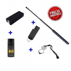 DEFENSA ELECTRICA LINTERNA CON 3600 KV + DEFENSA EXTENSIBLE 21" + PUÑO AMERICANO ACERO + SPRAY DEFENSA 40 ML
