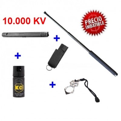 DEFENSA ELECTRICA MODELO X-8 10.000.000 VOLTIOS + DEFENSA EXTENSIBLE + PUÑO AMERICANO + SPRAY DEFENSA GAS PIMIENTA KO 40 ML