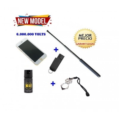 DEFENSA ELECTRICA LINTERNA CON 3600 KV + DEFENSA EXTENSIBLE 21" + PUÑO AMERICANO ACERO + SPRAY DEFENSA 40 ML