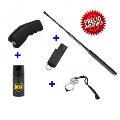 DEFENSA ELECTRICA LINTERNA CON 3600 KV + DEFENSA EXTENSIBLE 21" + PUÑO AMERICANO ACERO + SPRAY DEFENSA 40 ML