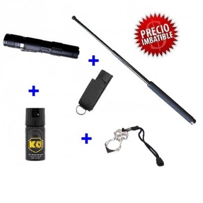 DEFENSA ELECTRICA LINTERNA TA-SER M11 + DEFENSA EXTENSIBLE + FUNDA + PUÑO AMERICANO + SPRAY DEFENSA KO 40 ML