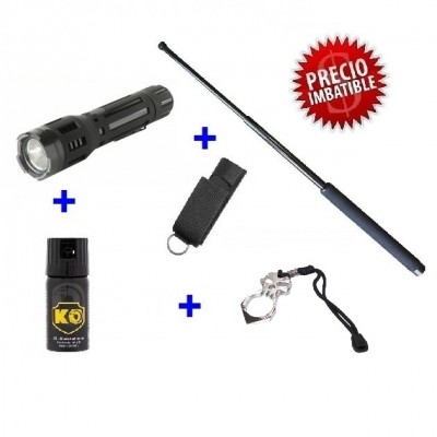 DEFENSA ELECTRICA LINTERNA TA-SER 2018 + DEFENSA EXTENSIBLE 21" + PUÑO AMERICANO ACERO + SPRAY DEFENSA 40 ML